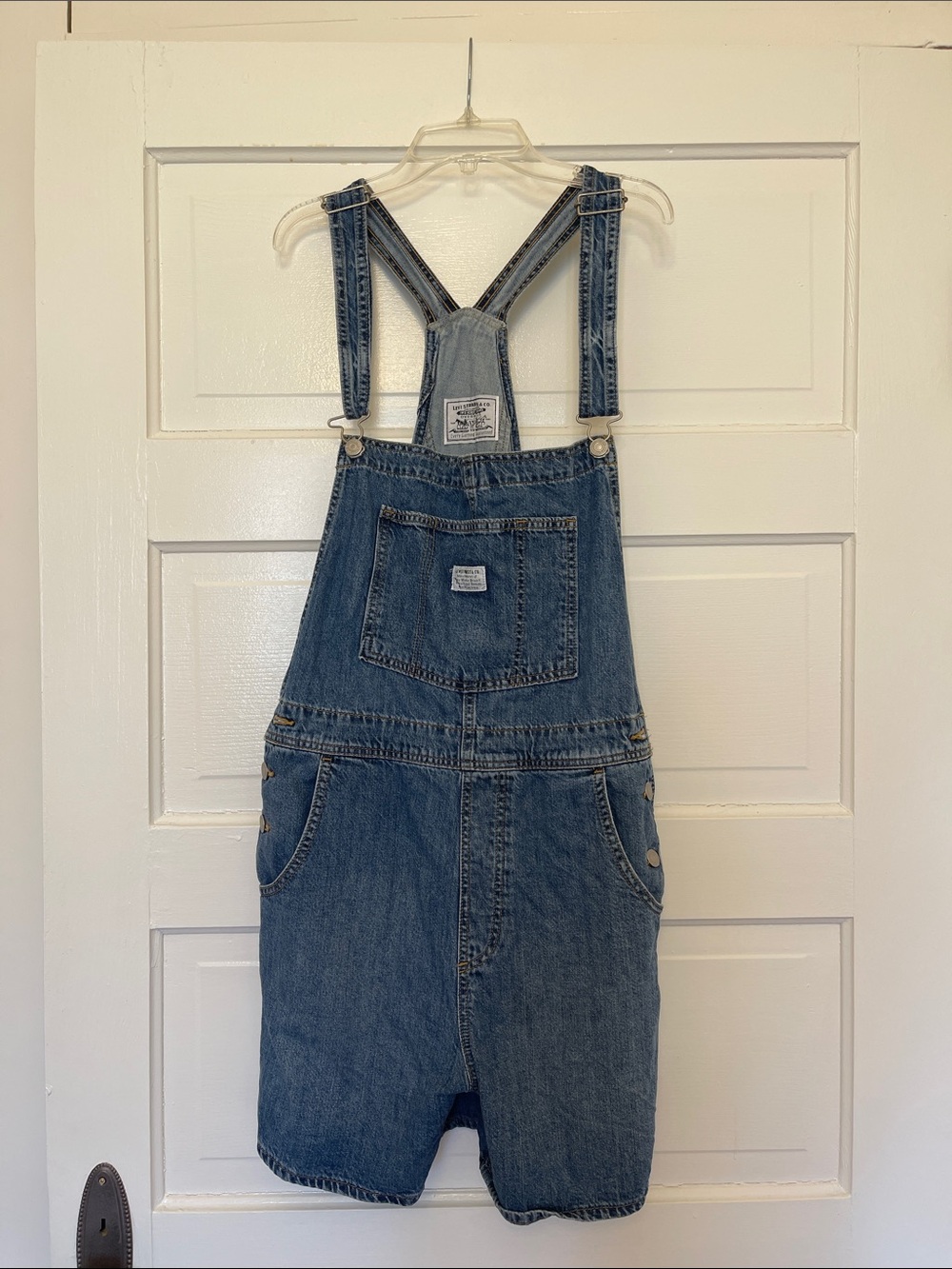 Levi's Blue Denim Women's Overall Romper Shorts Size L LIKE NEW